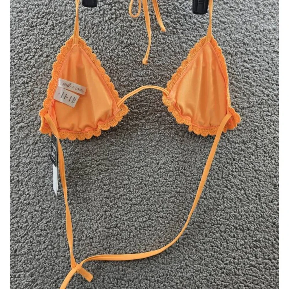 Salt + Cove Crochet Halter Triangle Bikini Juniors' L Tangerine Zing Back Tie